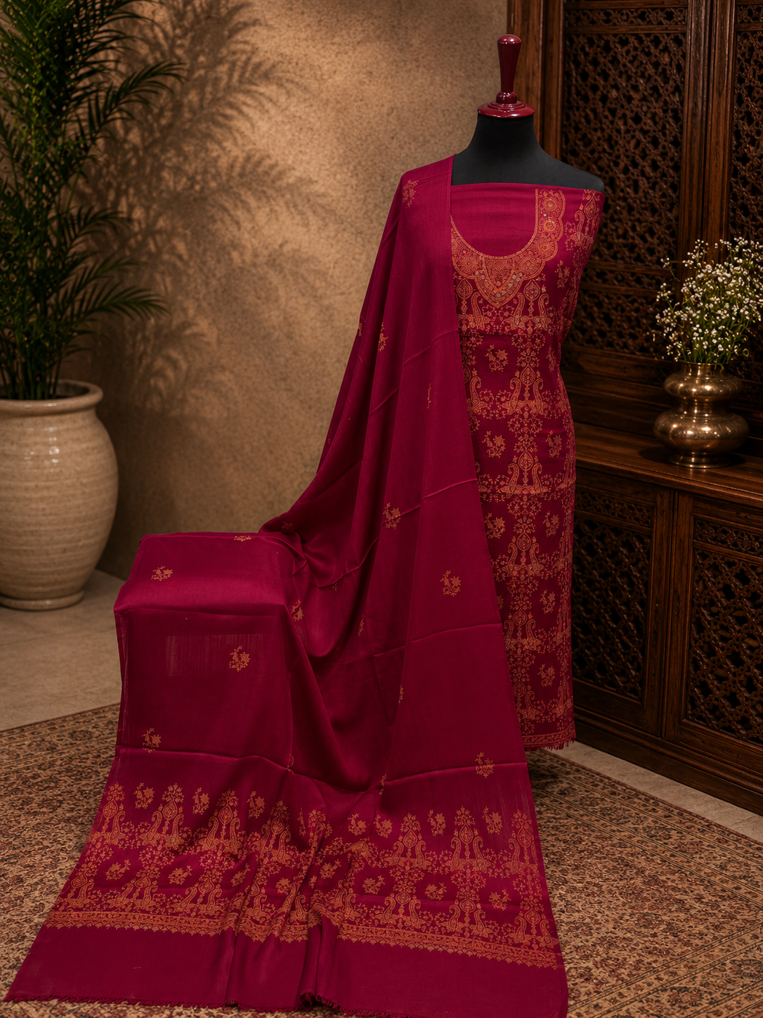 Reddish Maroon Kashmiri Pashmina Handmade Kacha Tanka Needle Work 3Pc Suit