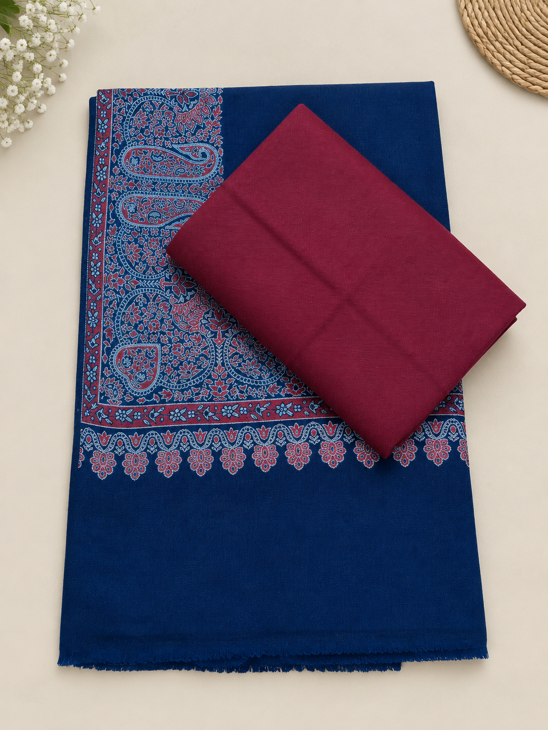 Maroon 3-Piece Plain Pashmina Suit with Blue Kani Border Shawl