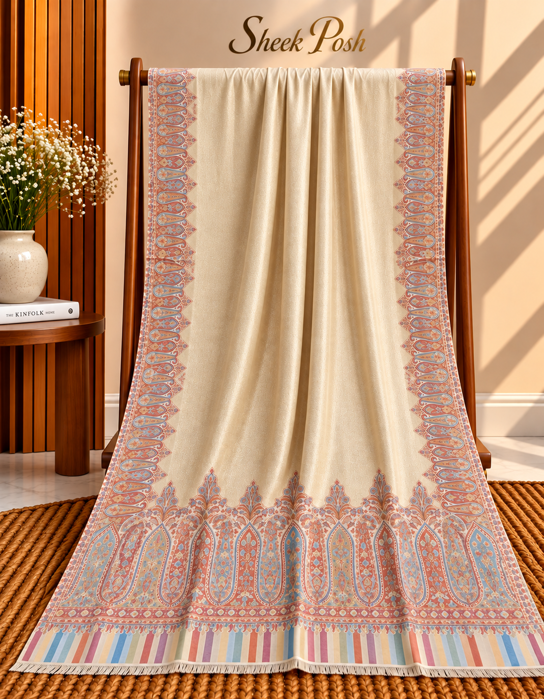 Cream Moonlight Kani Border Shawl – Tea Pink Paisley