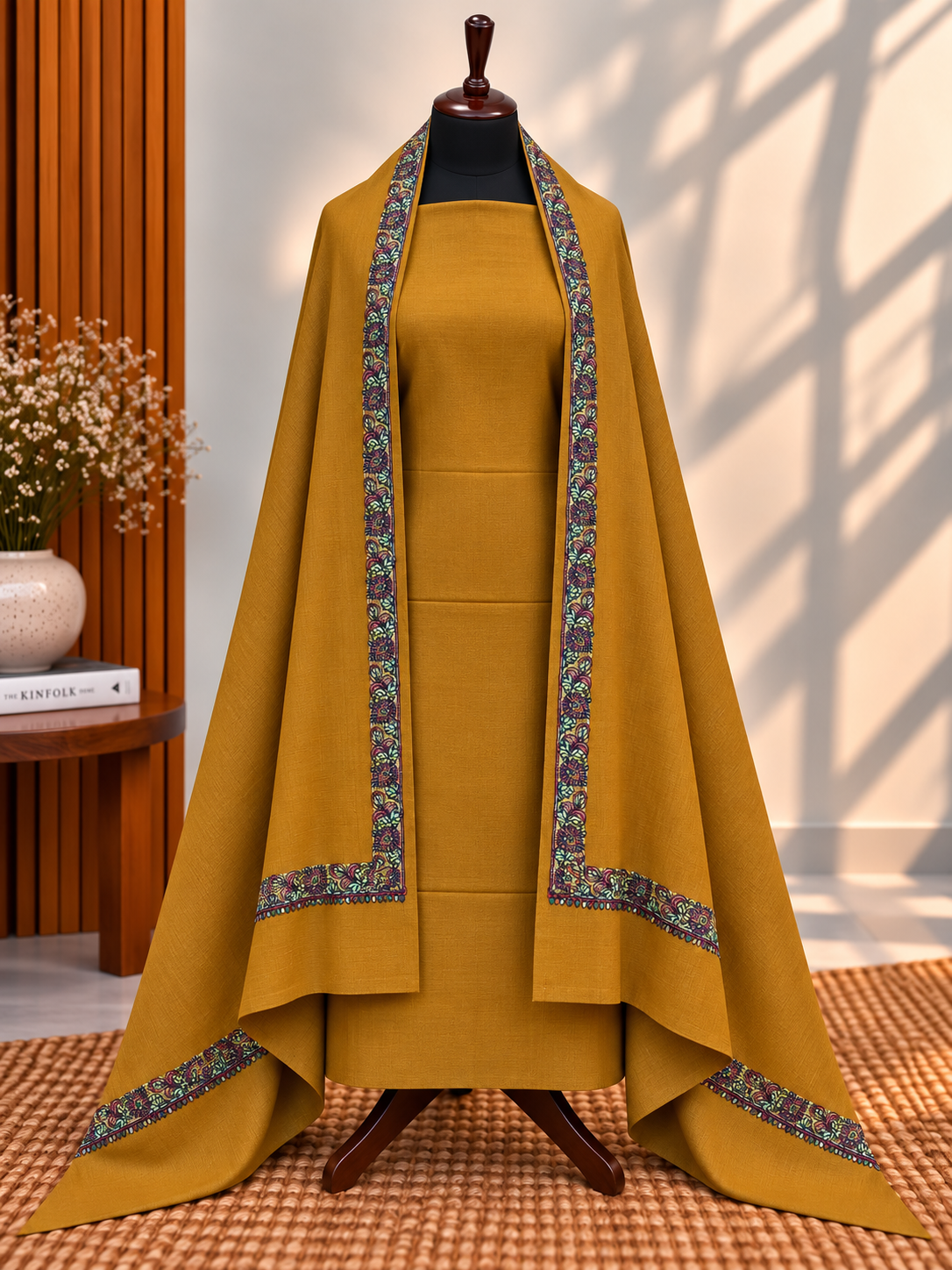 Rust 3-Piece Plain Pashmina Suit with 4-Side Hashia Border Shawl