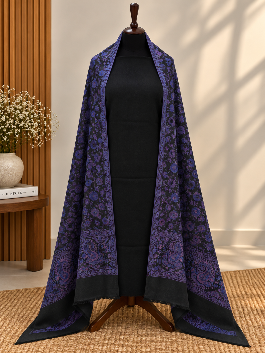 Black 3-Piece Plain Pashmina Suit with Purple Full Kani Pashmina Shawl