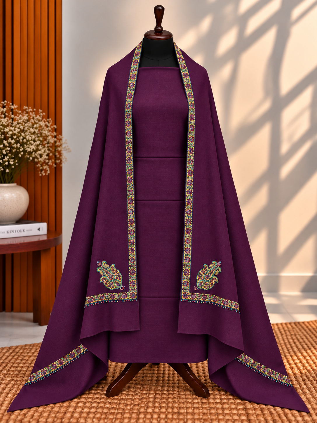 Deep Plum 3-Piece Plain Pashmina Suit with 4-Side Kingri Border Shawl