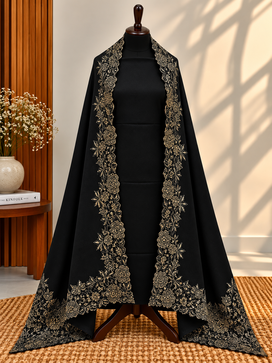 Jet Black 3-Piece Plain Pashmina Suit with Chantilly & Appliqué Shawl