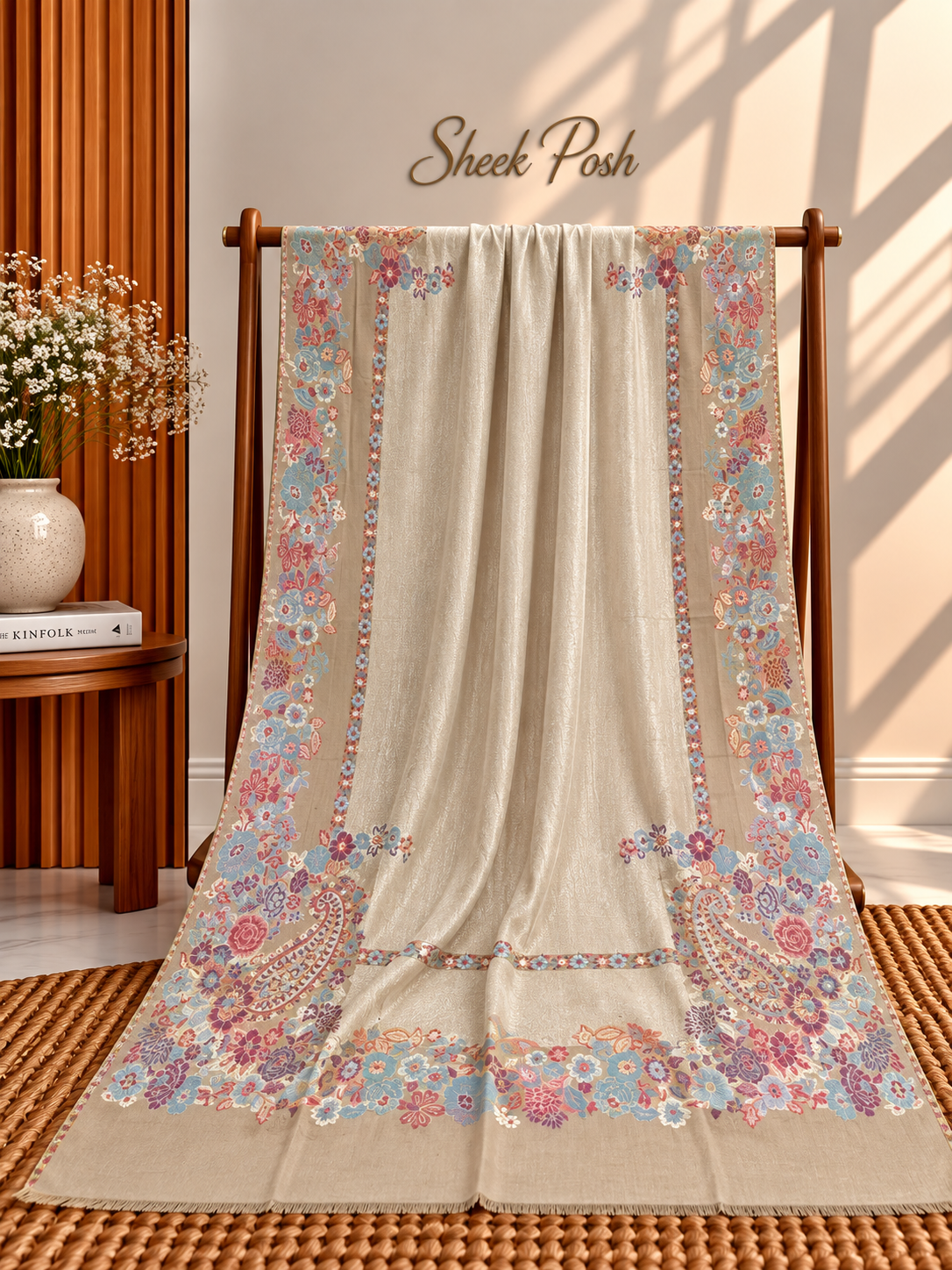 Off-White Moonlight Kani Border Shawl – Pink & Sea Green Floral