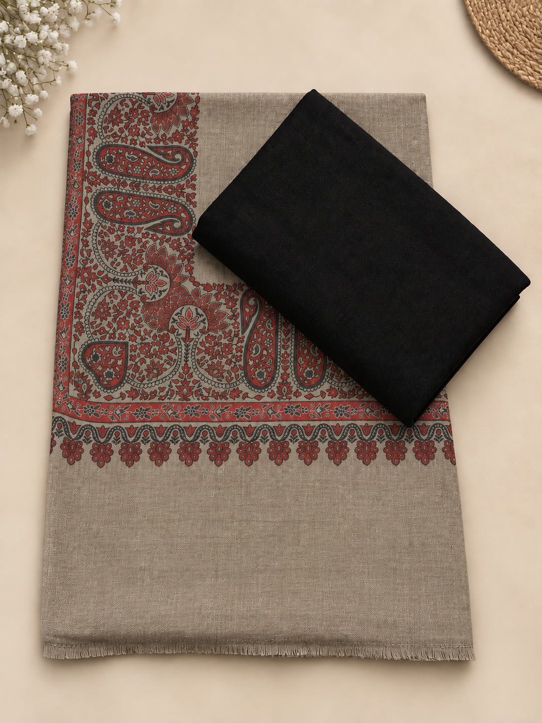Black 3-Piece Plain Pashmina Suit with Skin Kani Border Shawl (Red Border)