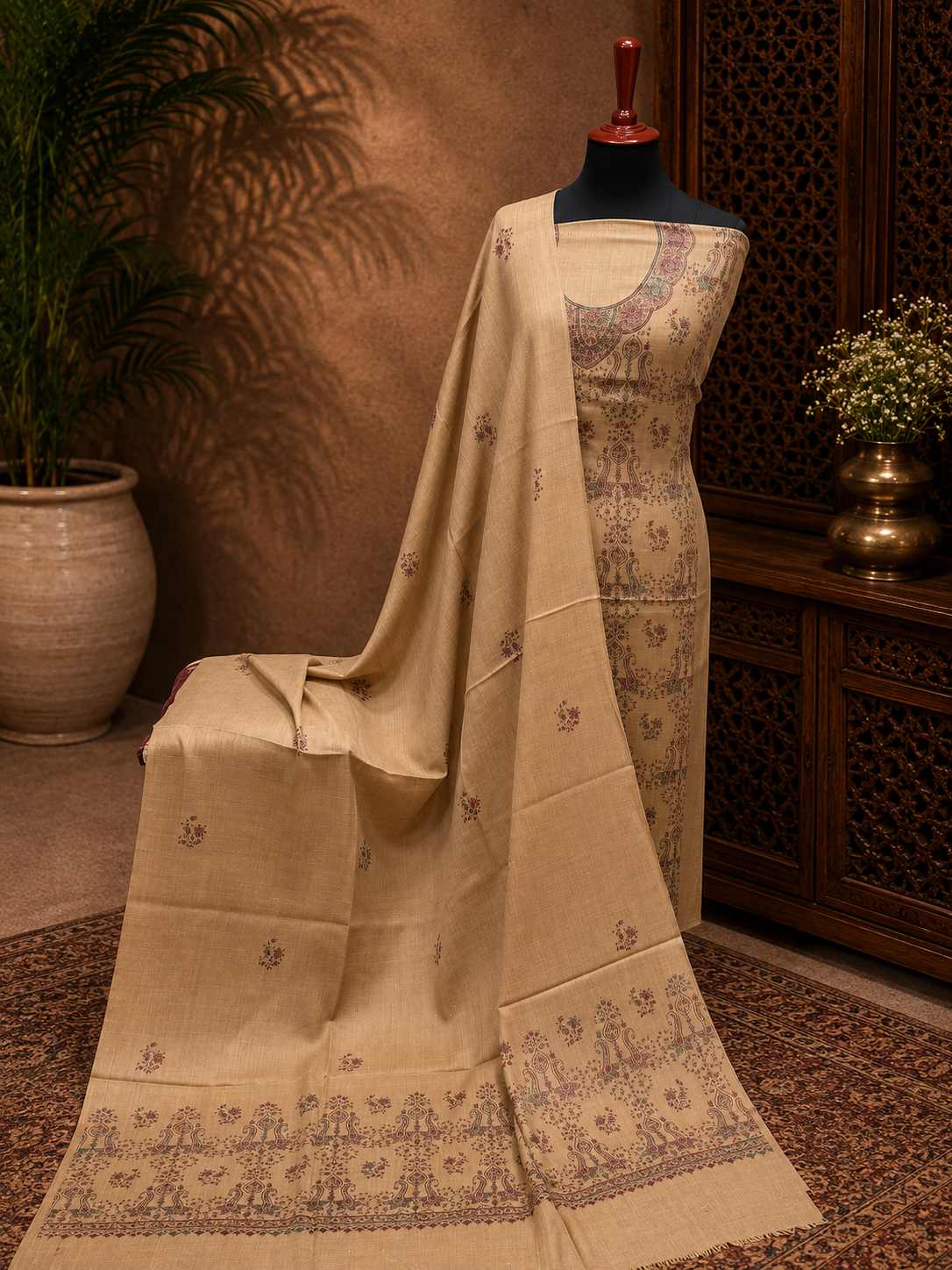 Natural Skin Kashmiri Pashmina Handmade Kacha Tanka Needle Work 3Pc Suit