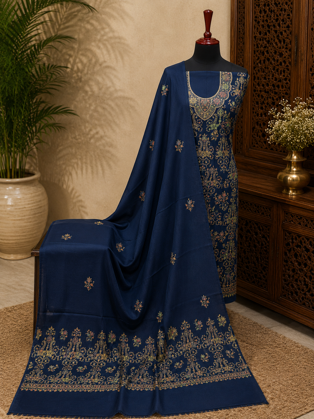 Navy Blue Kashmiri Pashmina Handmade Kacha Tanka Needle Work 3Pc Suit