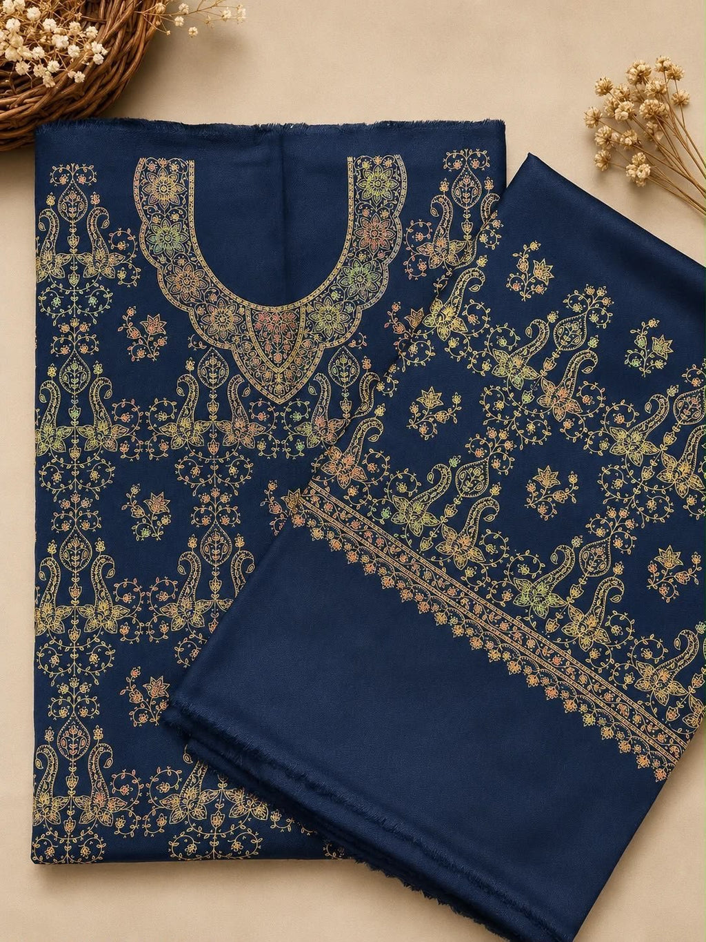 Navy Blue Kashmiri Pashmina Handmade Kacha Tanka Needle Work 3Pc Suit – view 2