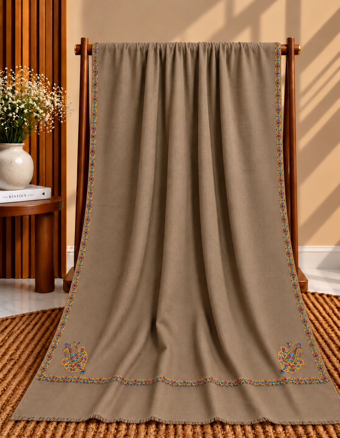 Dark Skin 4-Side Kingri Border Embroidered Pashmina Shawl