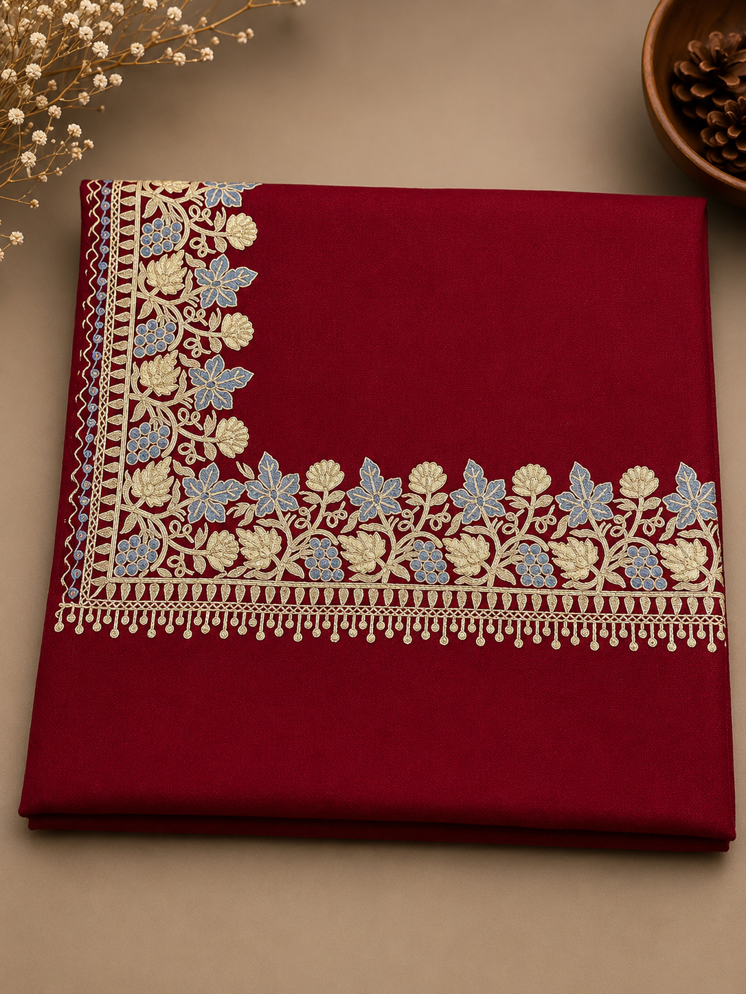Kashmiri 4-Side Border Embroidered Pashmina Shawls | Prefect Gift