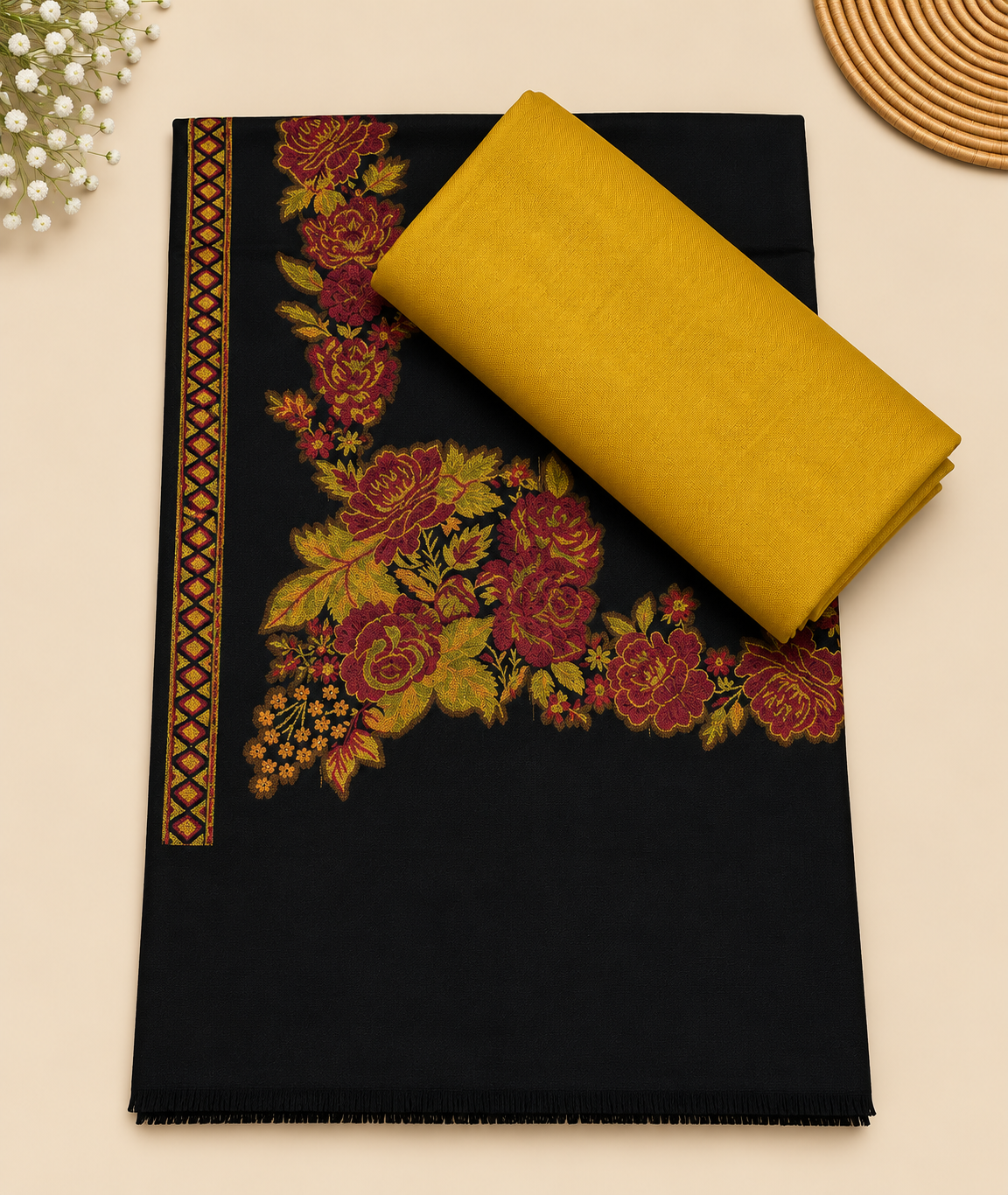 Mustard 3-Piece Plain Pashmina Suit with Black Floral Kani Border Shawl