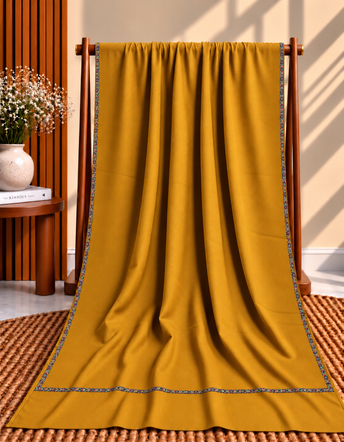 Rust 4-Side Hashia Border Embroidered Pashmina Shawl