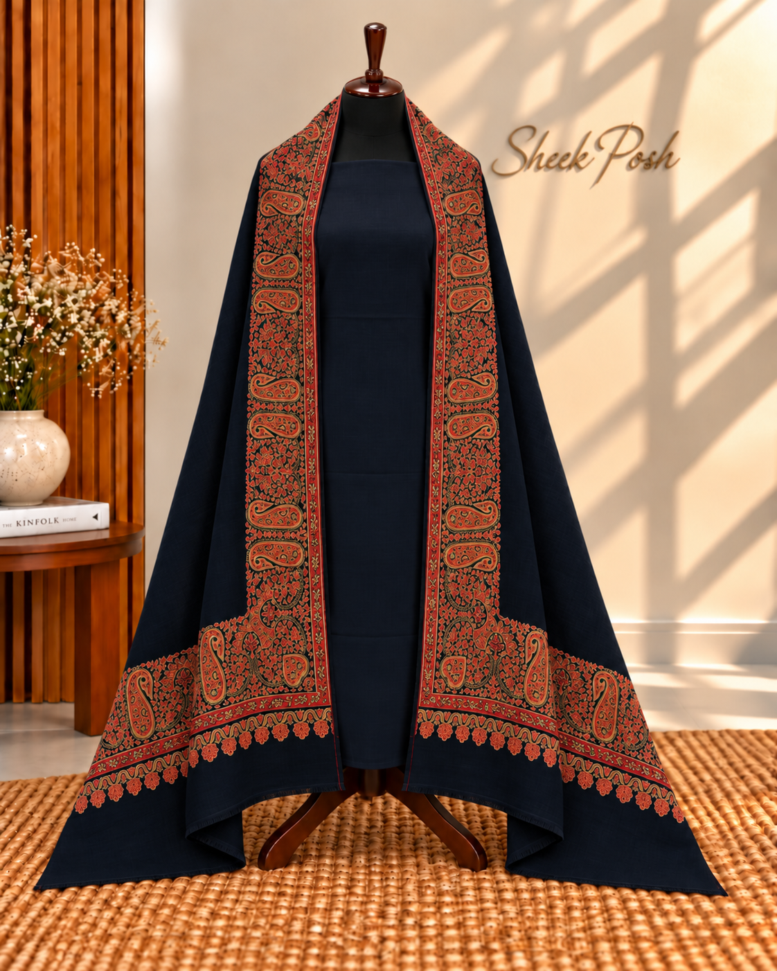Black B1 3-Piece Plain Pashmina Suit with 4 Side Kani Paisley Border Pashmina Shawl