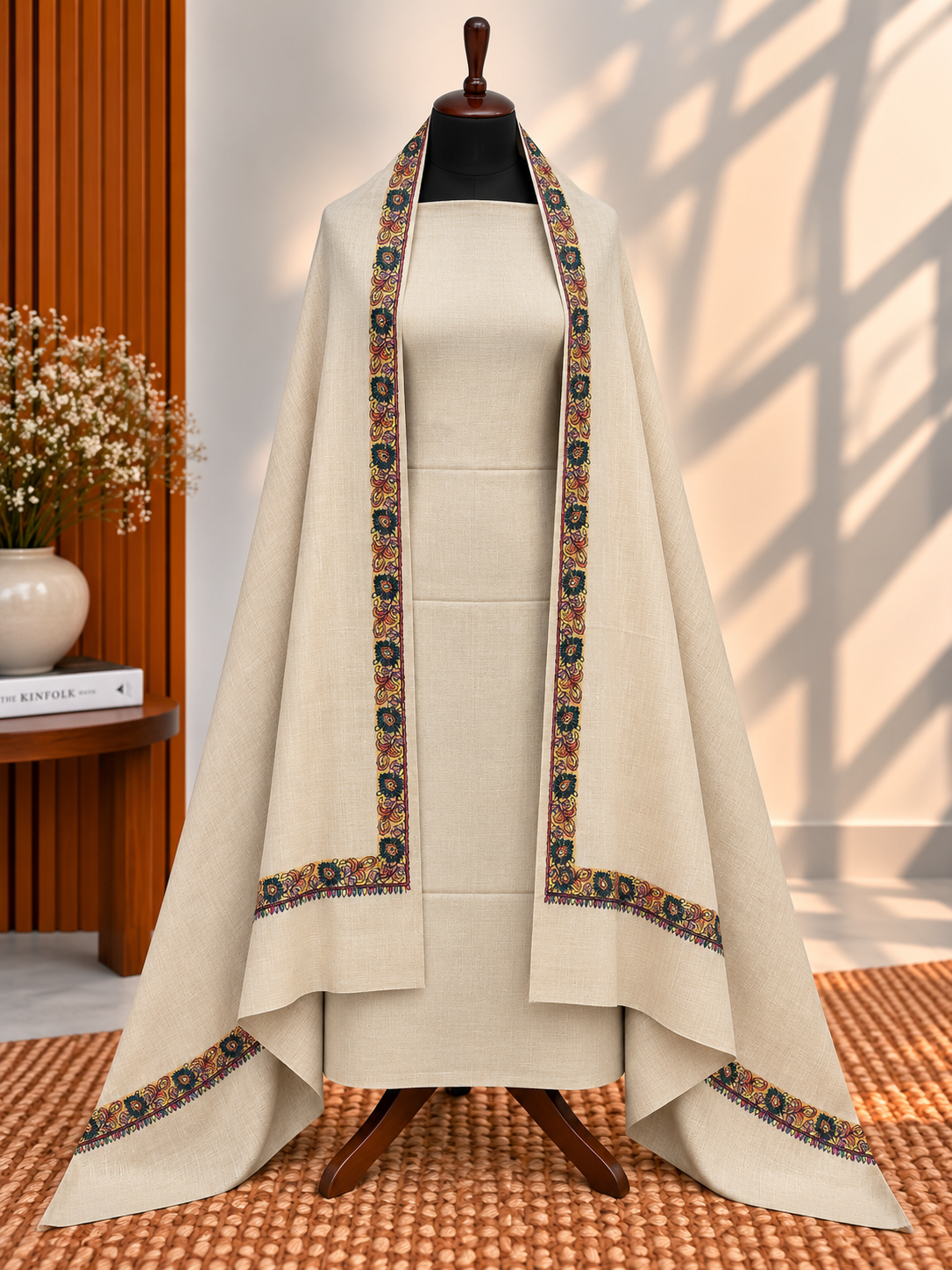 Light Skin 3-Piece Plain Pashmina Suit with 4-Side Hashia Border Shawl