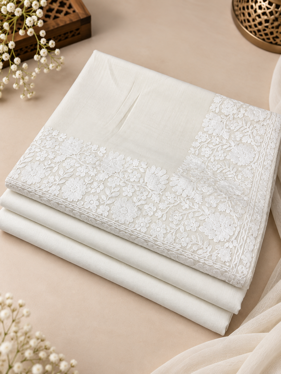Off-White 3-Piece Plain Pashmina Suit with Off-White Tonal 4-Side Kashmiri Border Embroidered Shawl