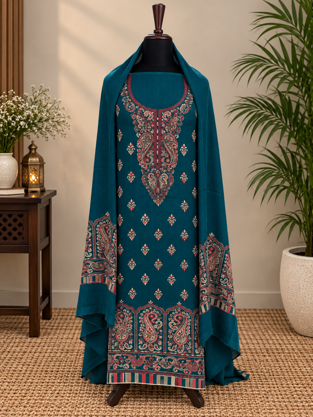 Dark Sea Green Premium Kashmiri Kani Pashmina 3-Piece Suit