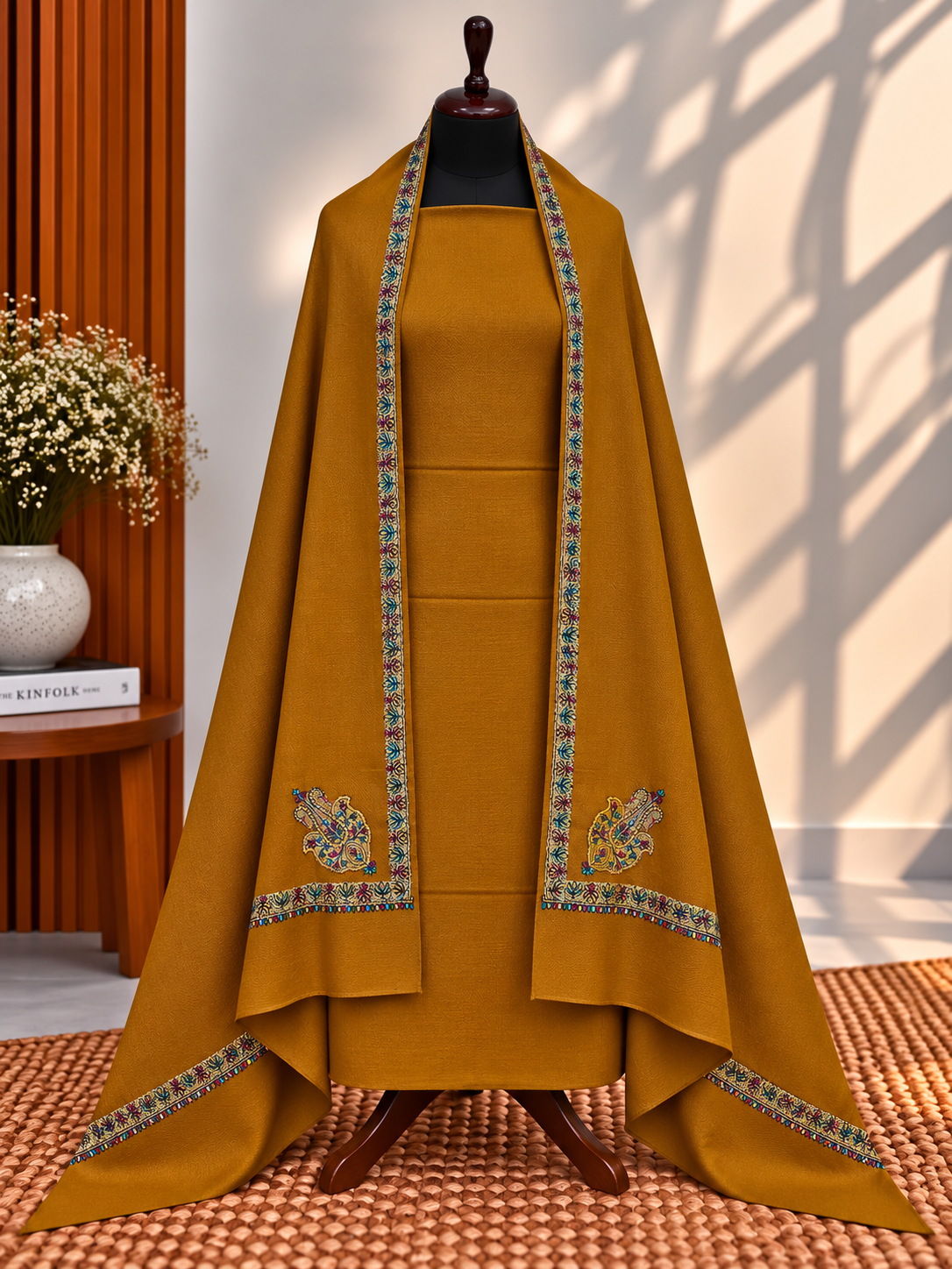 Rust 3-Piece Plain Pashmina Suit with 4-Side Kingri Border Shawl