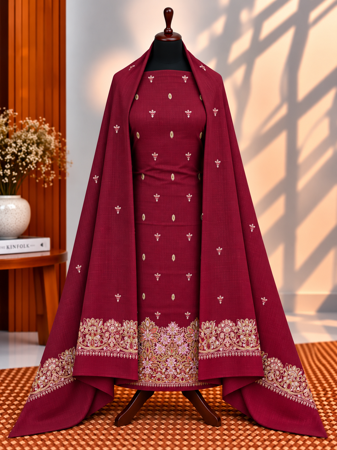 Maroon Premium Pashmina 3-Piece Embroidered Suit