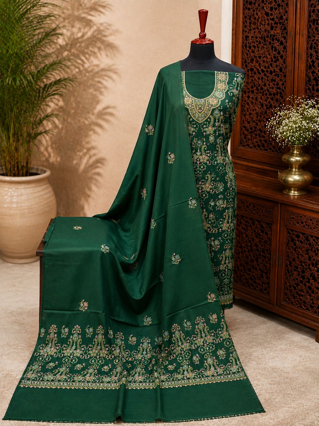 Bottle Green Kashmiri Pashmina Handmade Kacha Tanka Needle Work 3Pc Suit