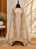 Beige Skin 3-Piece Plain Pashmina Suit with Chantilly & Appliqué Shawl