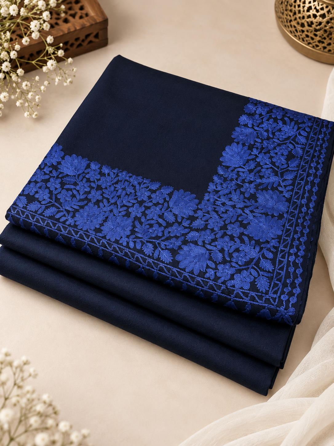 Navy Blue 3-Piece Plain Pashmina Suit with Navy & Blue 4-Side Kashmiri Border Embroidered Shawl