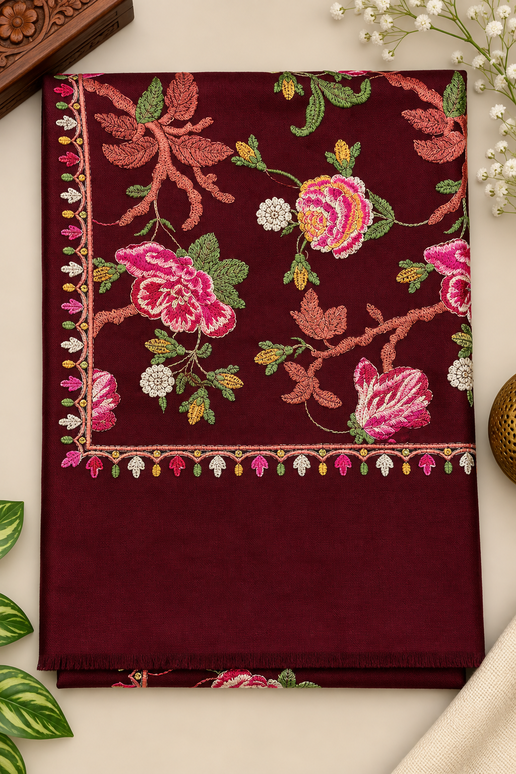 Maroon Pashmina Full Gulabkar Embroidered Stole