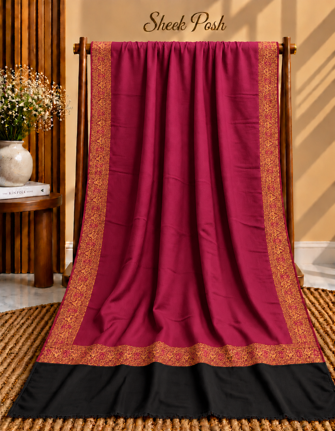 Maroon Kani Border Pashmina Shawl