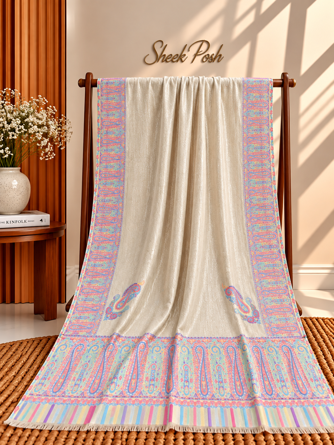 Off-White Moonlight Kani Border Shawl – Pink Paisley & Light Stripes