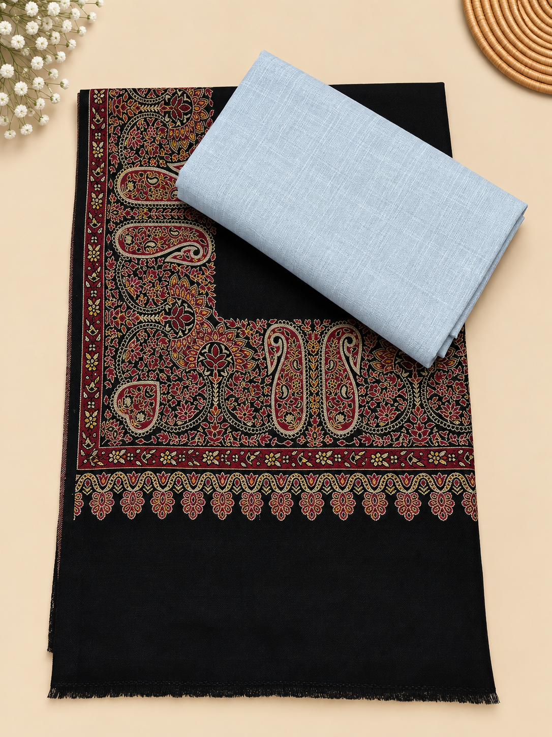 Sky Blue 3-Piece Plain Pashmina Suit with Black Kani Border Shawl