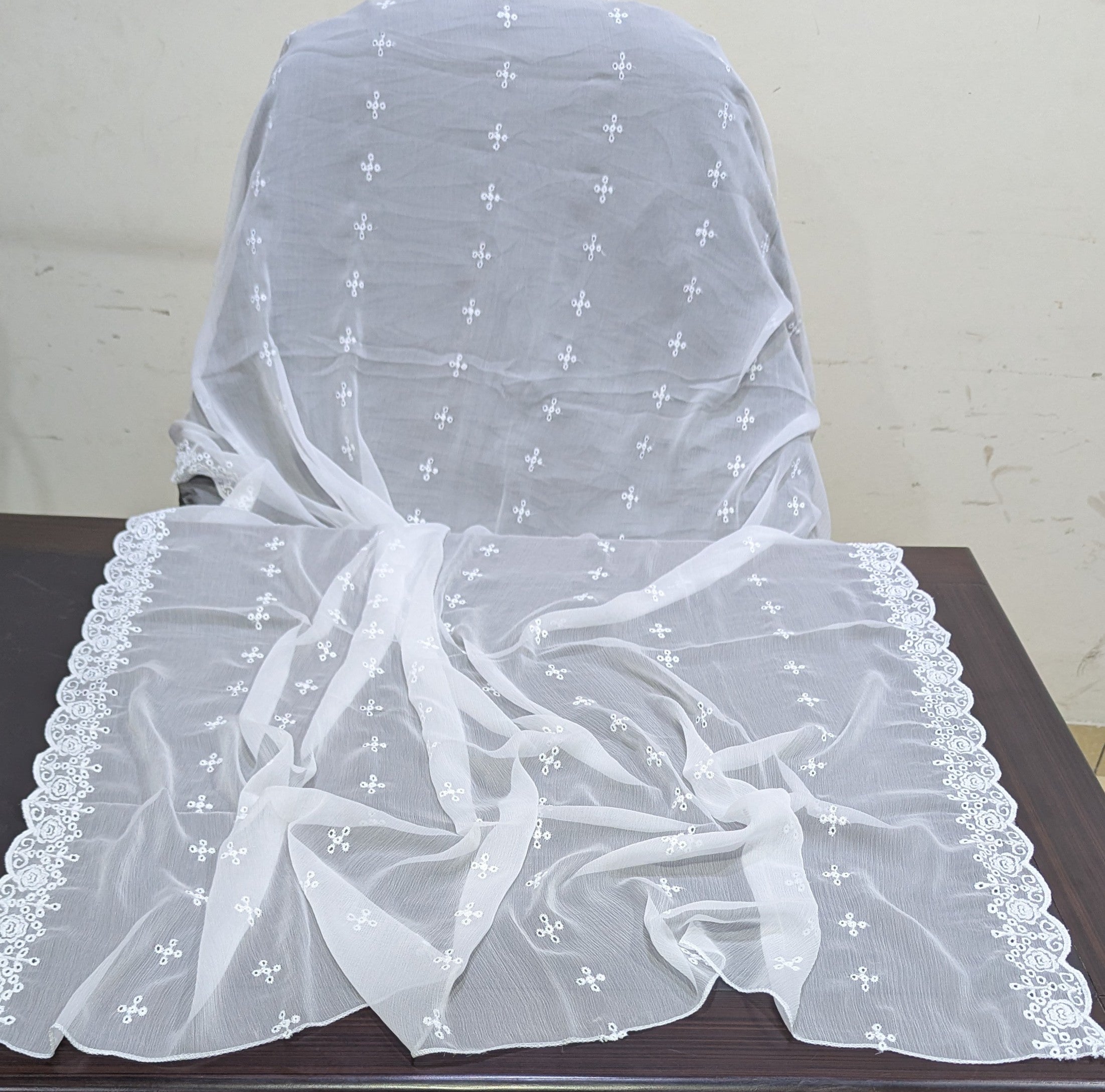 Crinkle Chiffon Embroidered Dyeable Cutwork Border Dupattas