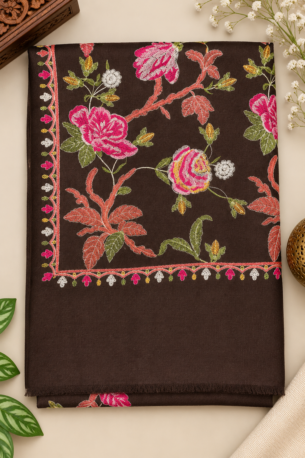 Choc Brown Pashmina Full Gulabkar Embroidered Stole