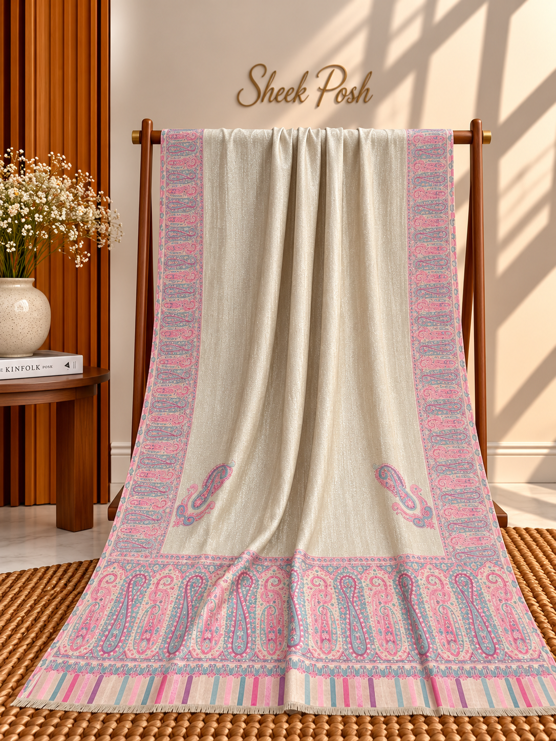 Off-White Moonlight Kani Border Shawl – Pink Paisley