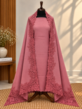 Tea Pink 3-Piece Plain Pashmina Suit with Chantilly & Appliqué Shawl