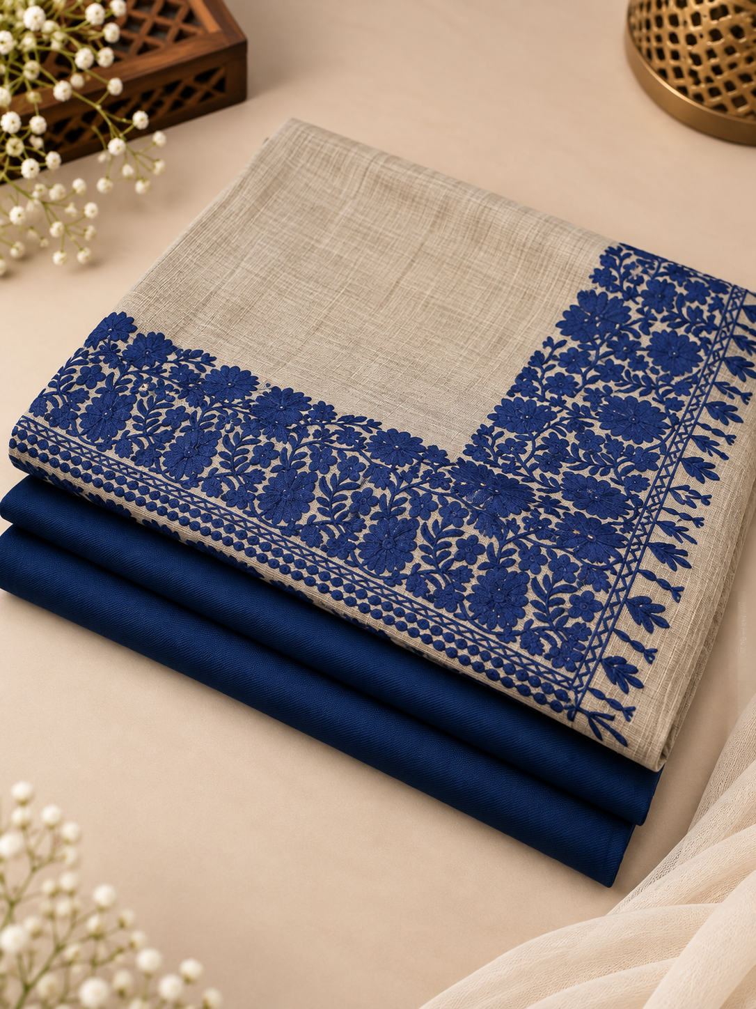 Navy Blue 3-Piece Plain Pashmina Suit with Skin 4-Side Kashmiri Border Embroidered Shawl