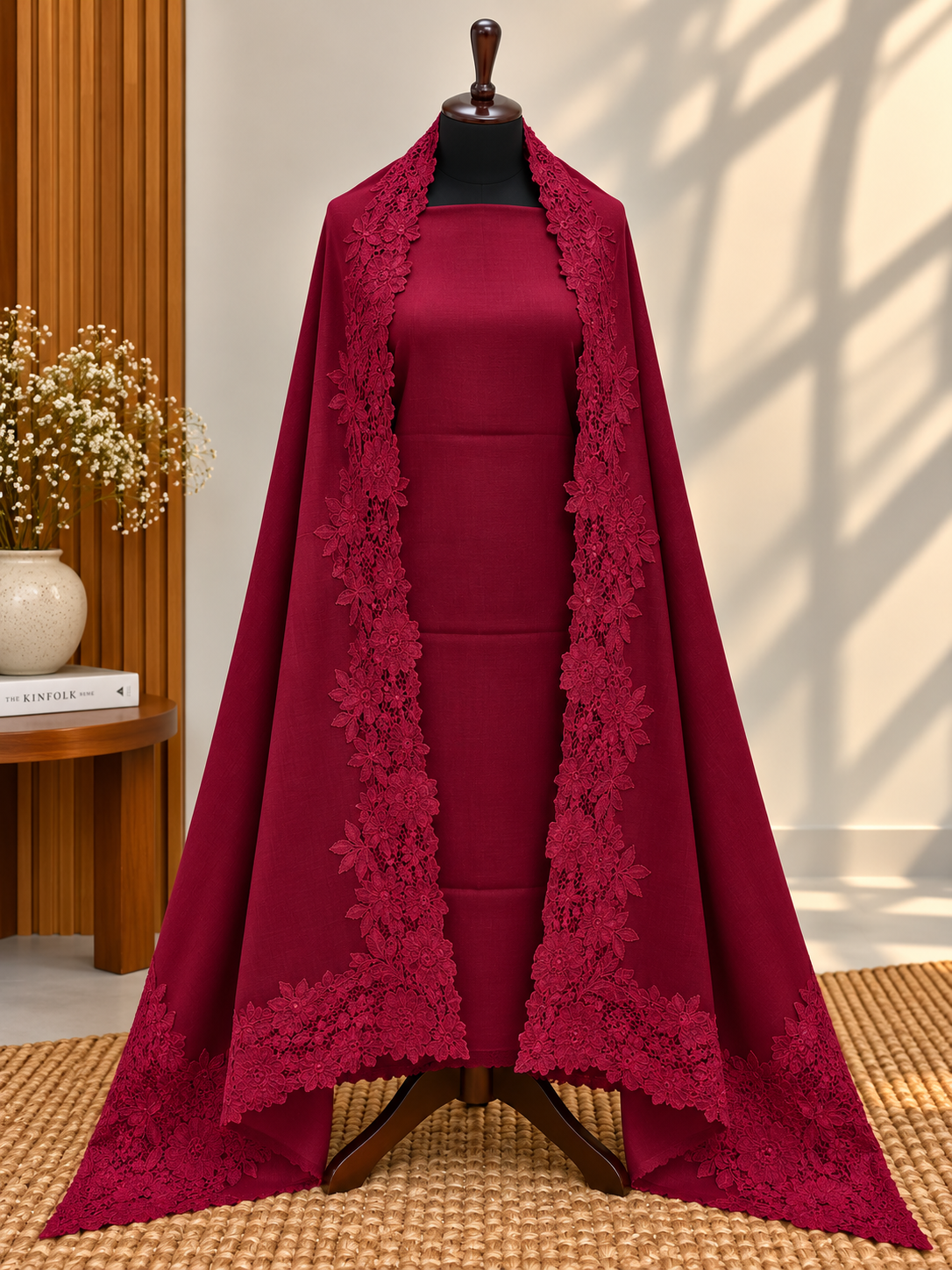 Maroon 3-Piece Plain Pashmina Suit with Chantilly & Appliqué Shawl