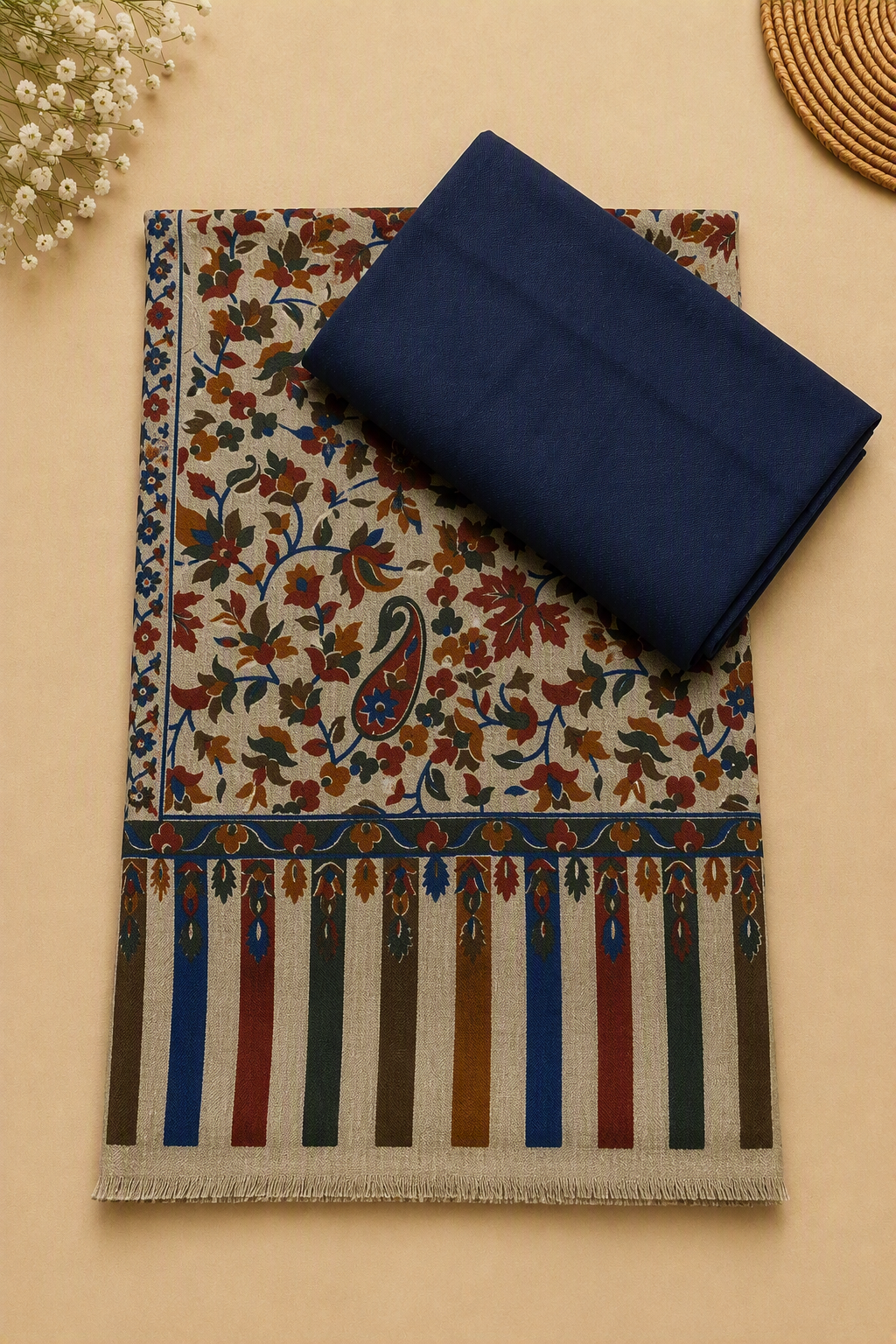 Navy Blue 3-Piece Plain Pashmina Suit with Paisley Printed Pashmina Shawl