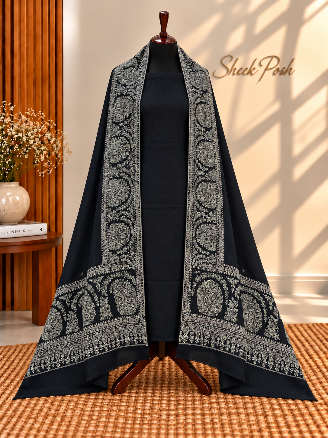 Black B3 3-Piece Plain Pashmina Suit with 4 Side Kani Paisley Border Pashmina Shawl