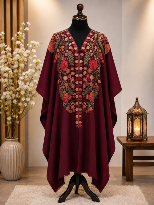 Maroon Pashmina Kashmiri Embroidered Cape Shawl