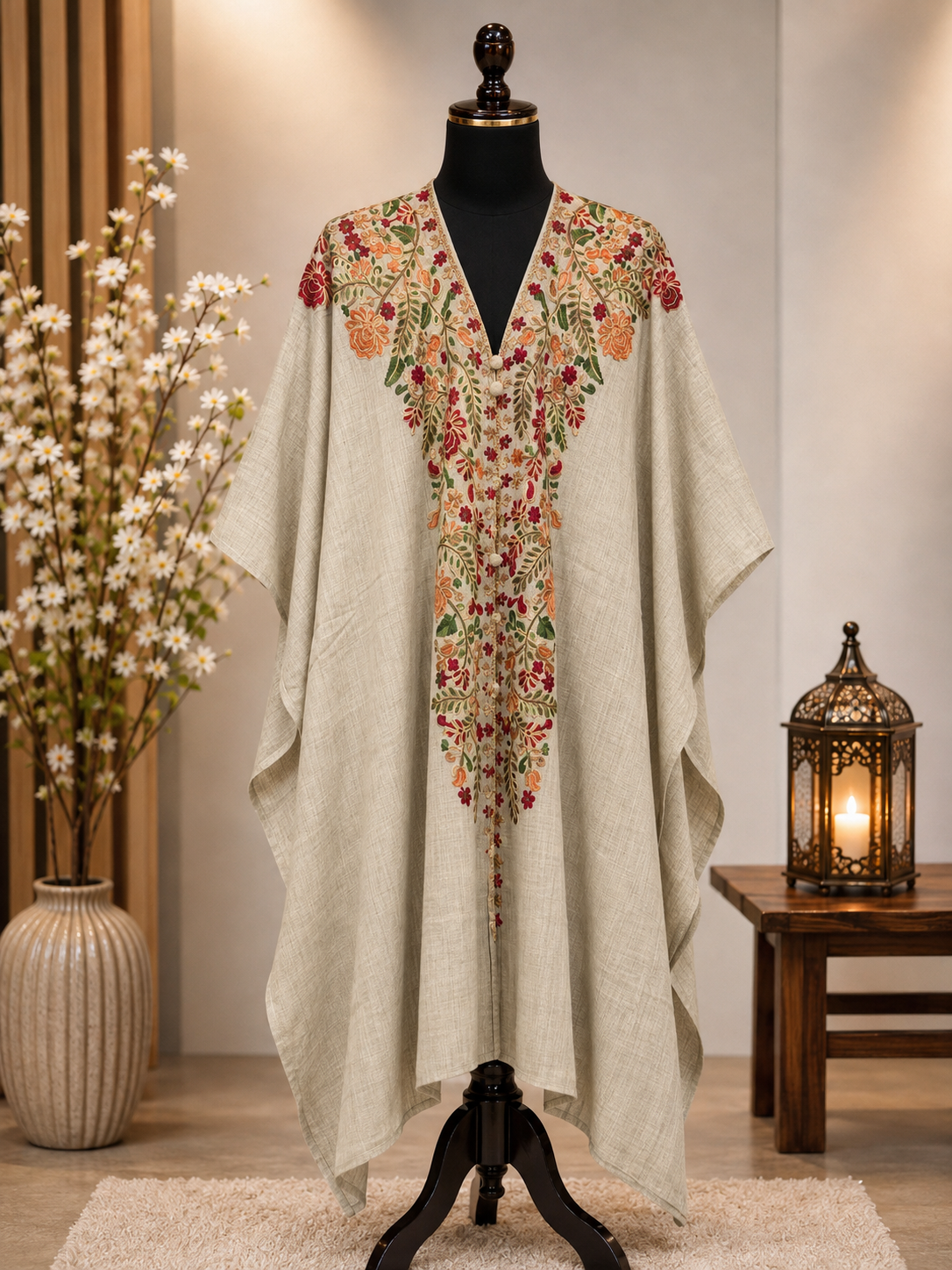 Skin Grey Pashmina Kashmiri Embroidered Cape Shawl