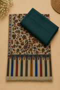 Bottle Green 3-Piece Plain Pashmina Suit with Paisley Printed Pashmina Shawl