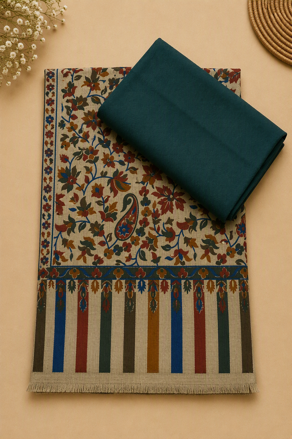 Bottle Green 3-Piece Plain Pashmina Suit with Paisley Printed Pashmina Shawl
