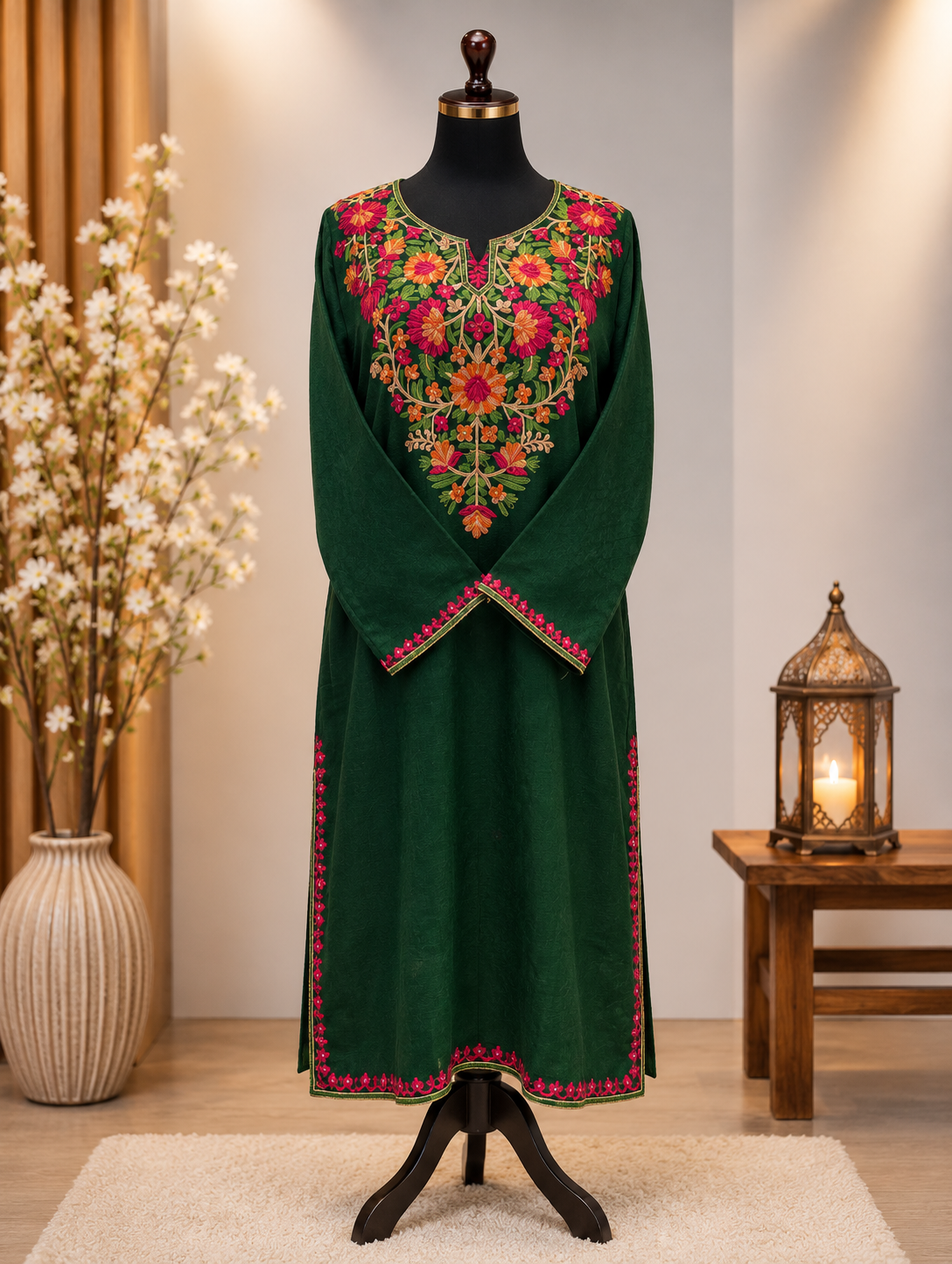 Bottle Green Kashmiri Pashmina Embroidered Pheran Shirt Only