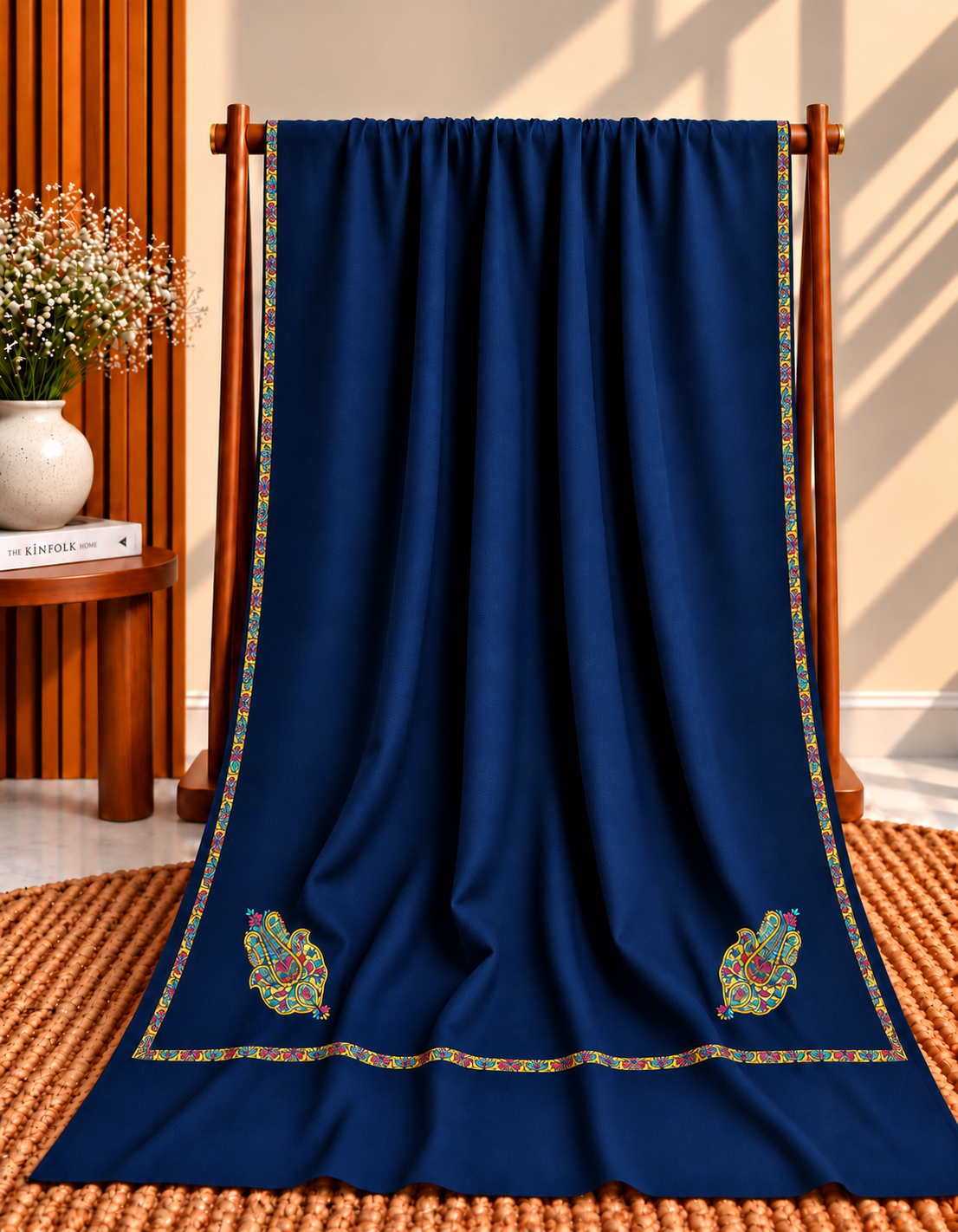 Navy Blue 4-Side Kingri Border Embroidered Pashmina Shawl