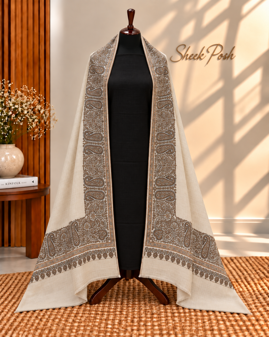 Skin with Black 3-Piece Plain Pashmina Suit with 4 Side Kani Paisley Border Pashmina Shawl