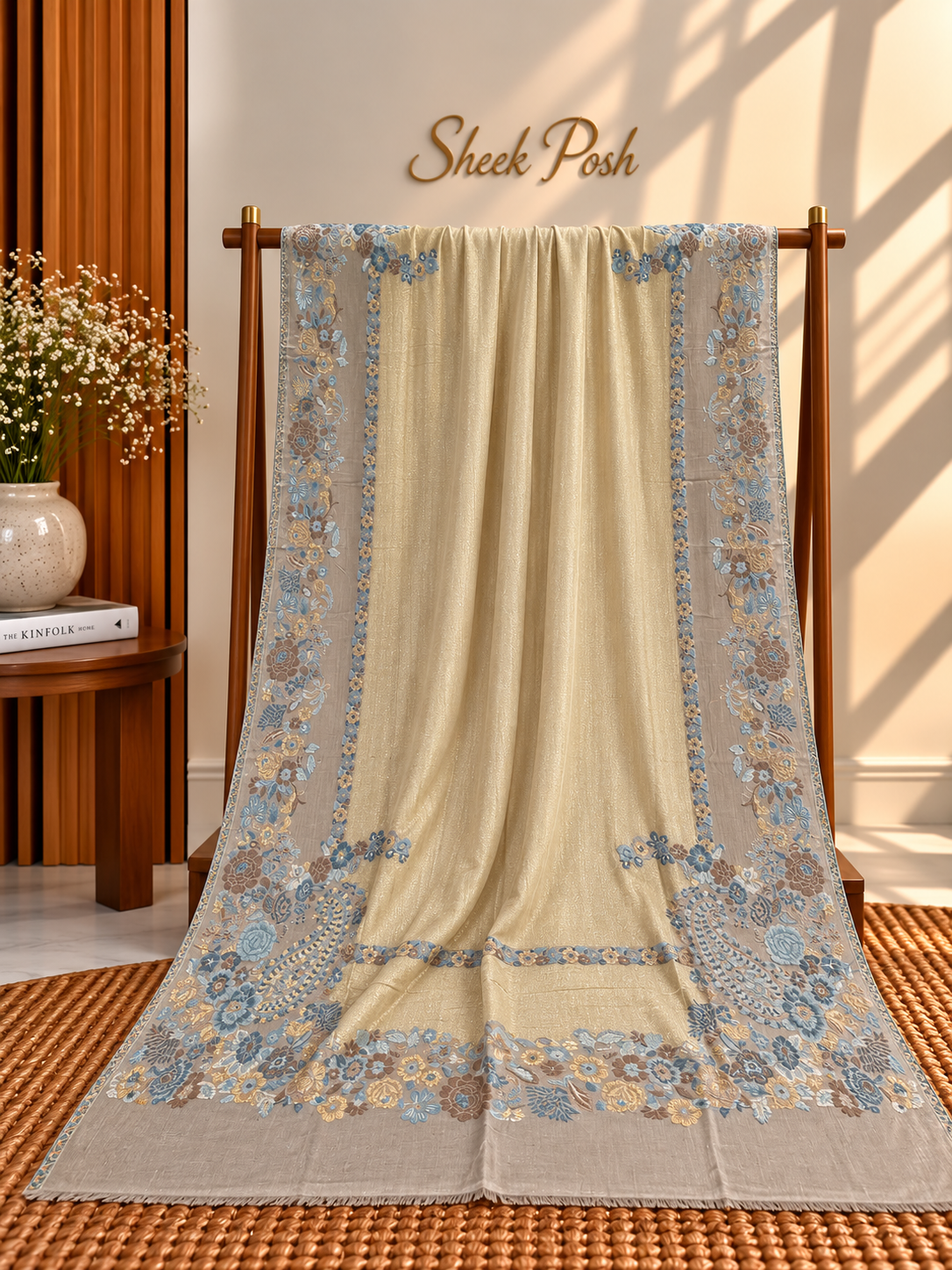 Cream Moonlight Kani Border Shawl – Blue Floral