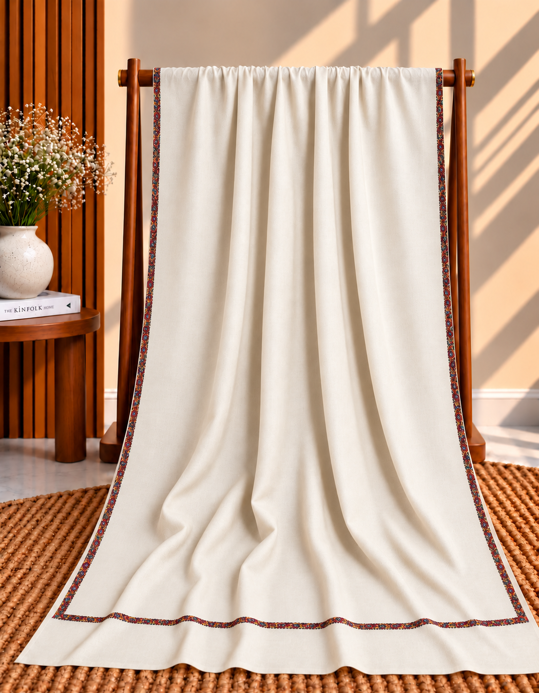 Off-White 4-Side Hashia Border Embroidered Pashmina Shawl