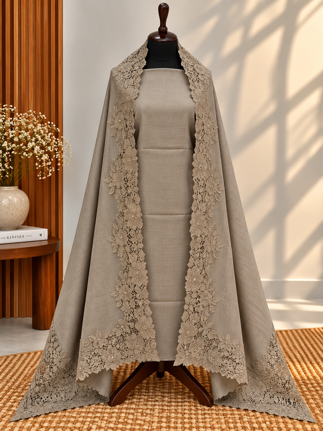 Dark Skin 3-Piece Plain Pashmina Suit with Chantilly & Appliqué Shawl