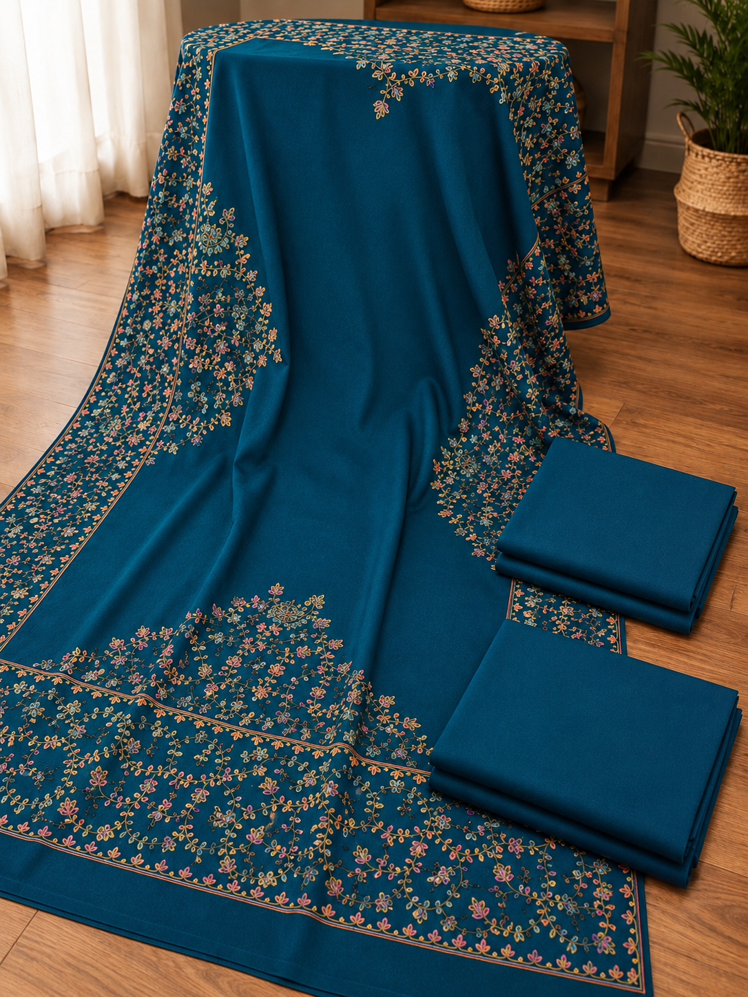 Zinc Plain Pashmina 3Pc Suit With Handmade Needle Work Shawl