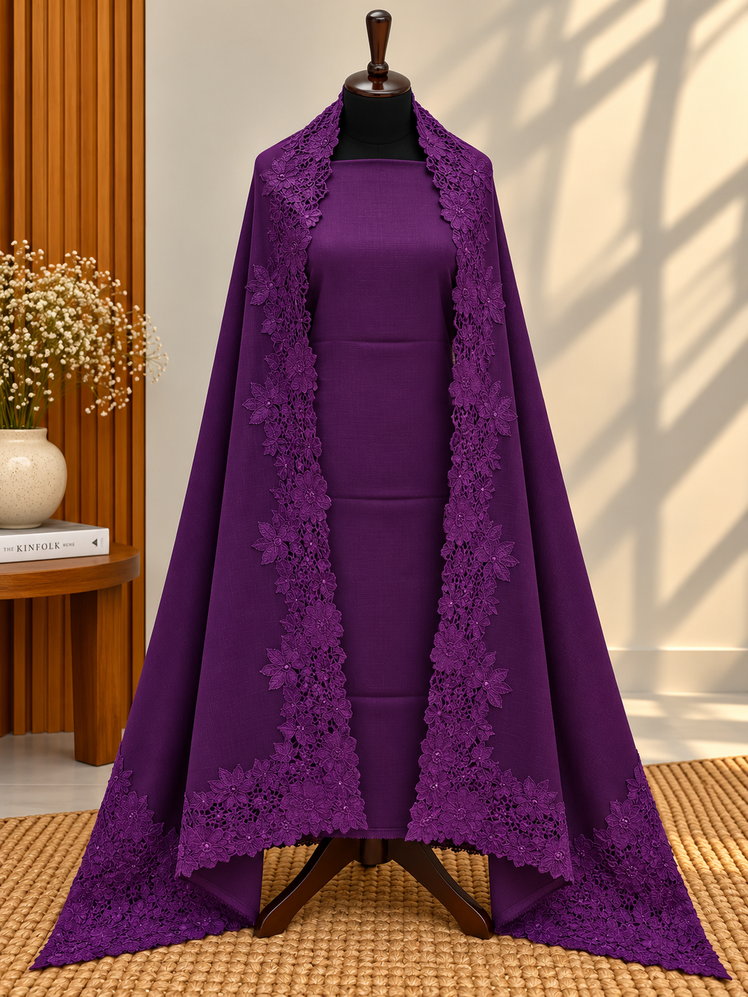 Dark Purple 3-Piece Plain Pashmina Suit with Chantilly & Appliqué Shawl