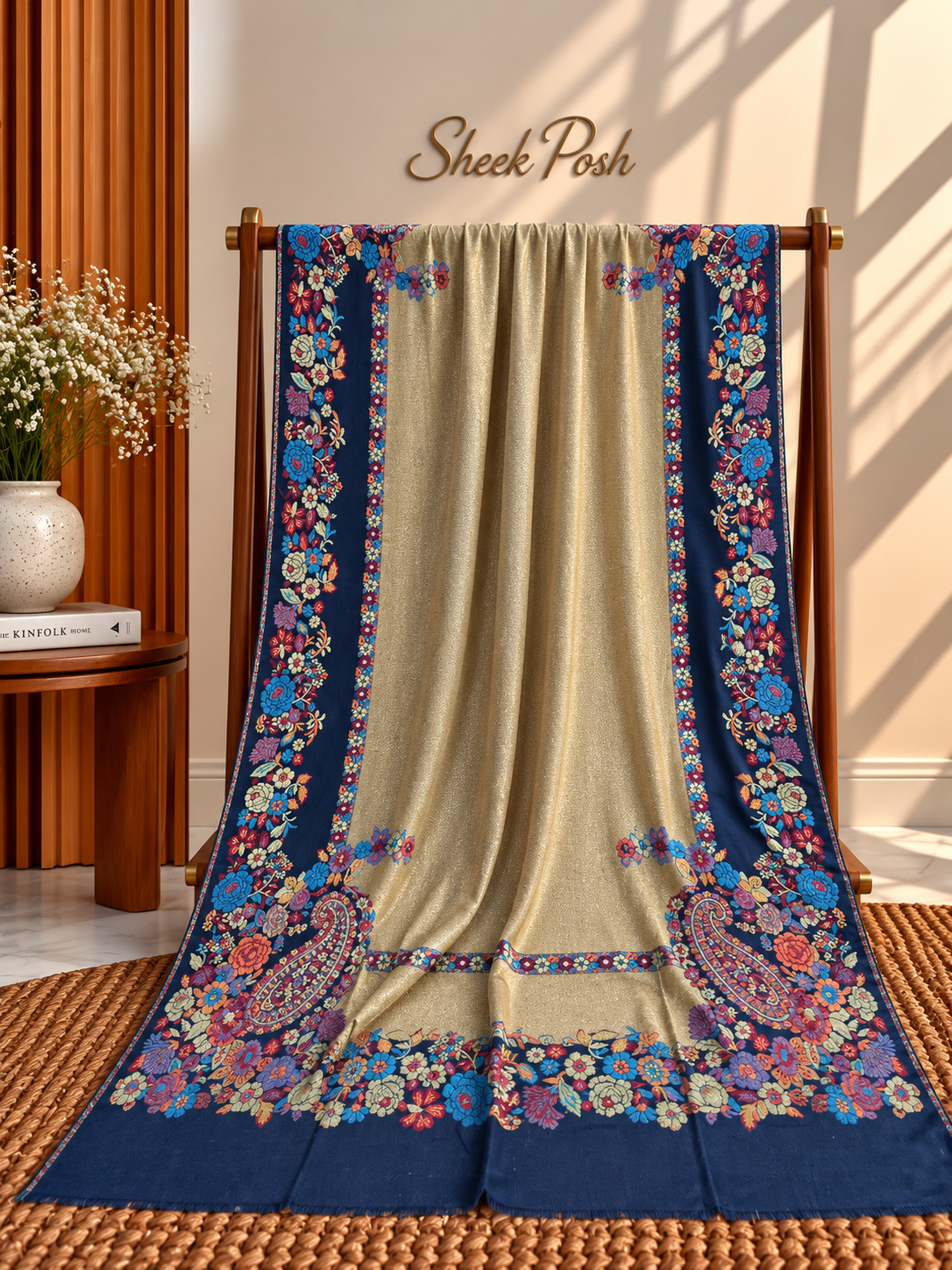 Mehandi Green Moonlight Kani Border Shawl – Navy Floral